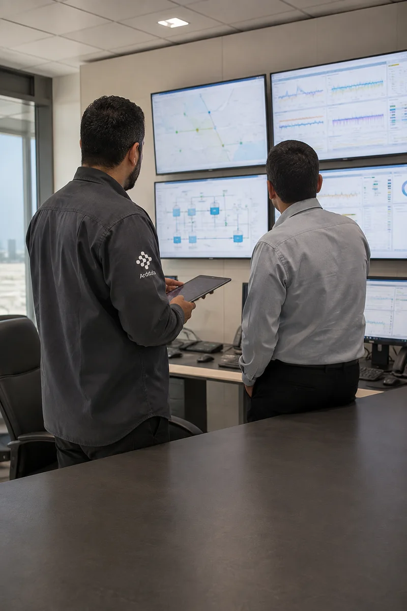 Two team members reviewing operational dashboards together in a control room
