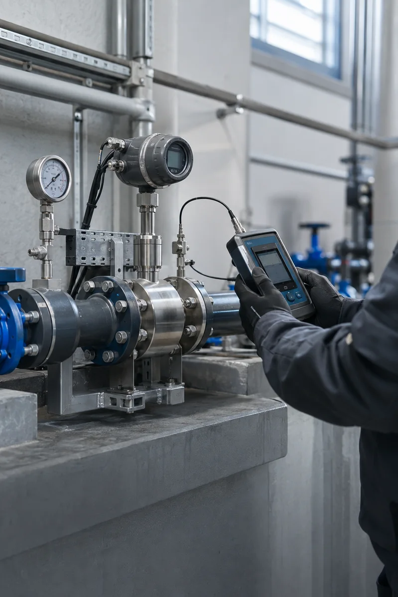 A technician checking a flow meter and pressure instruments on a water pipe