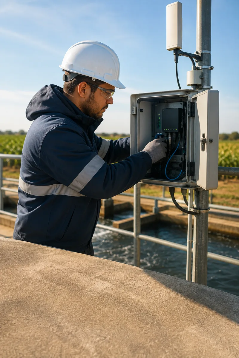 A field engineer configuring an outdoor gateway beneath a pole-mounted antenna
