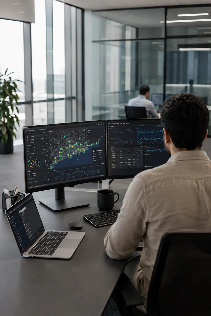 An engineer working with maps, dashboards and sensor trends on a workstation